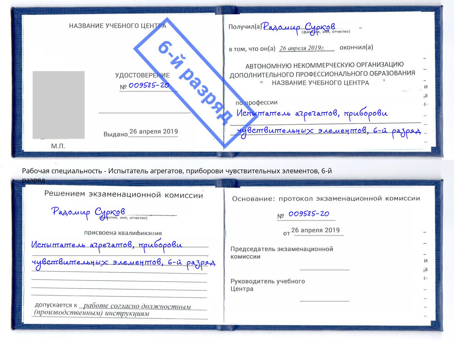 корочка 6-й разряд Испытатель агрегатов, приборови чувствительных элементов Киселевск