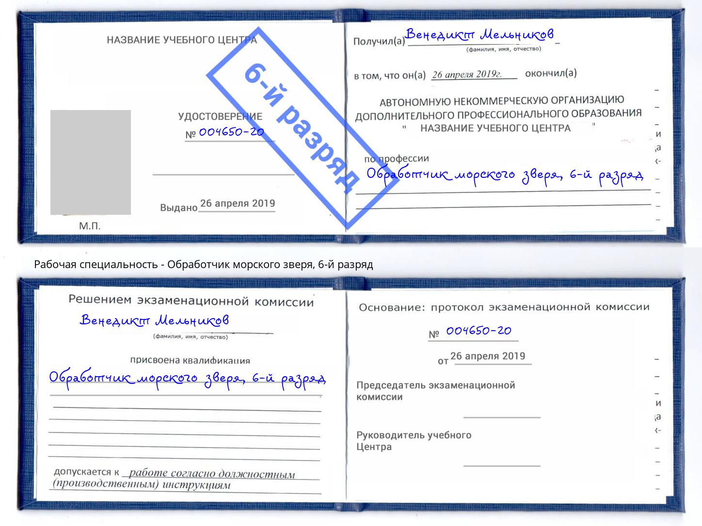 корочка 6-й разряд Обработчик морского зверя Киселевск