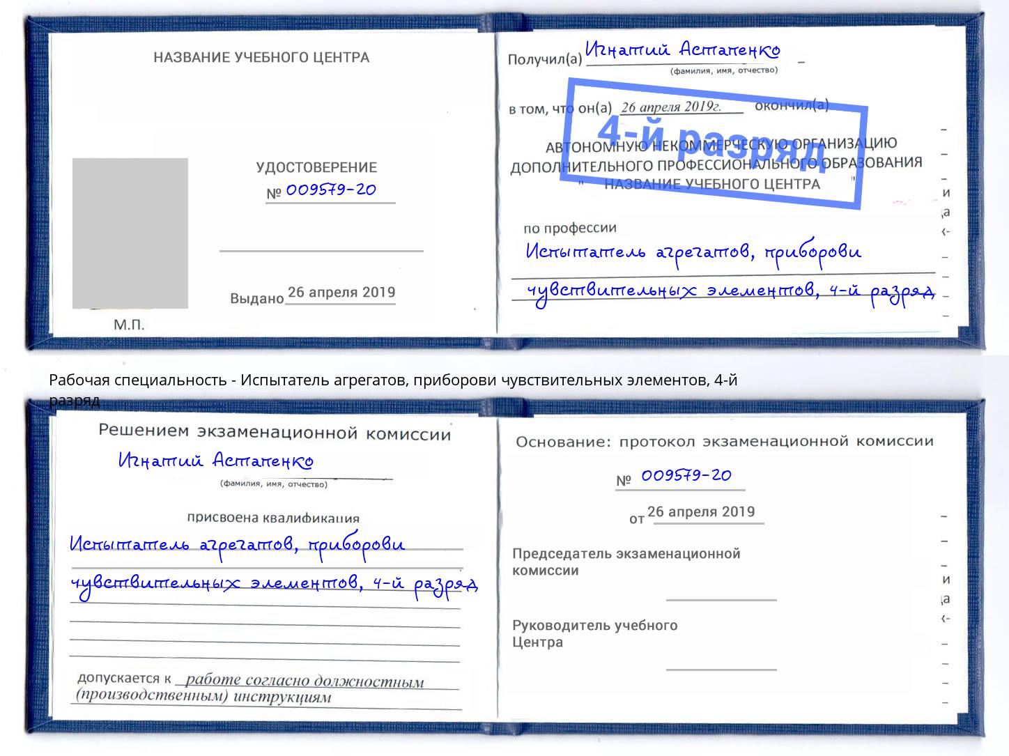 корочка 4-й разряд Испытатель агрегатов, приборови чувствительных элементов Киселевск