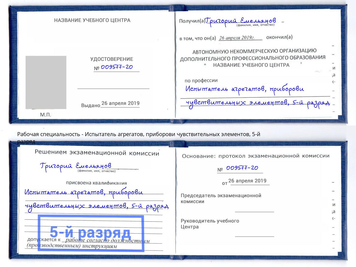 корочка 5-й разряд Испытатель агрегатов, приборови чувствительных элементов Киселевск