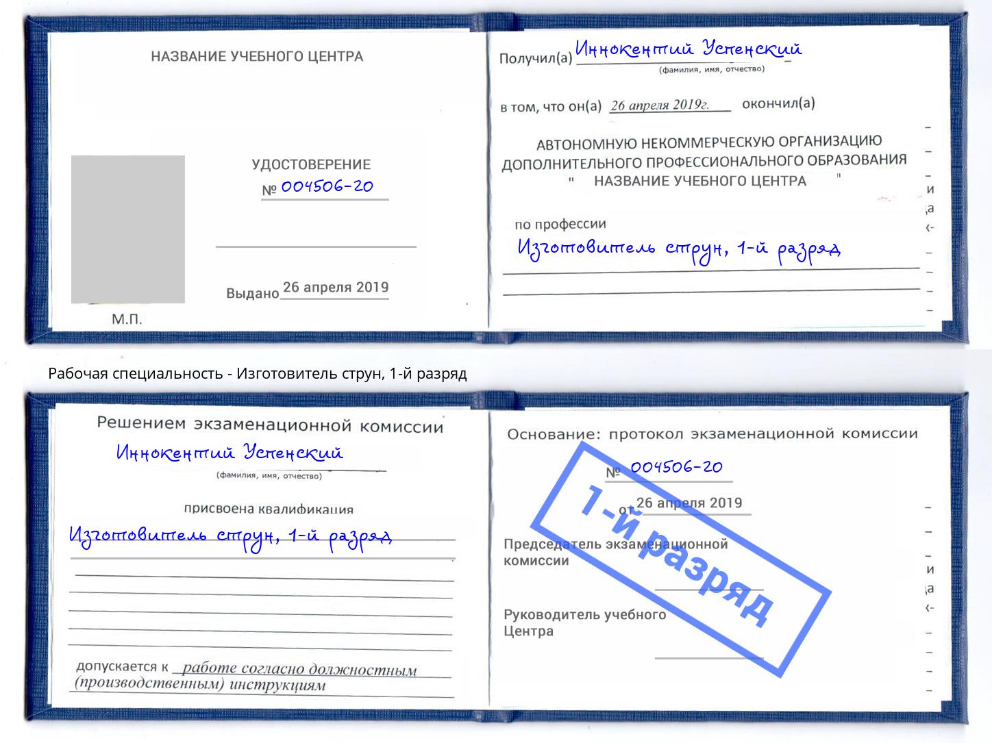 корочка 1-й разряд Изготовитель струн Киселевск