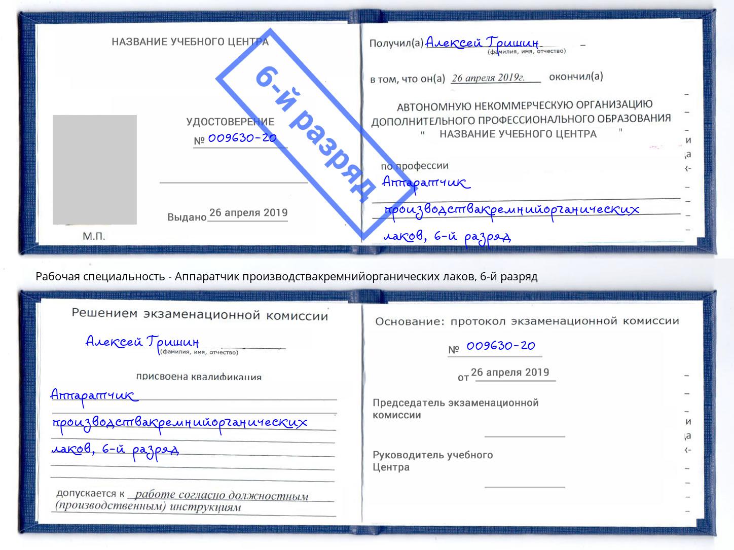 корочка 6-й разряд Аппаратчик производствакремнийорганических лаков Киселевск