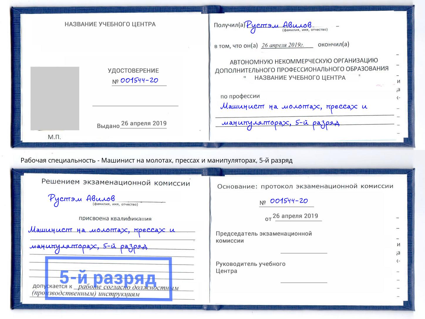 корочка 5-й разряд Машинист на молотах, прессах и манипуляторах Киселевск