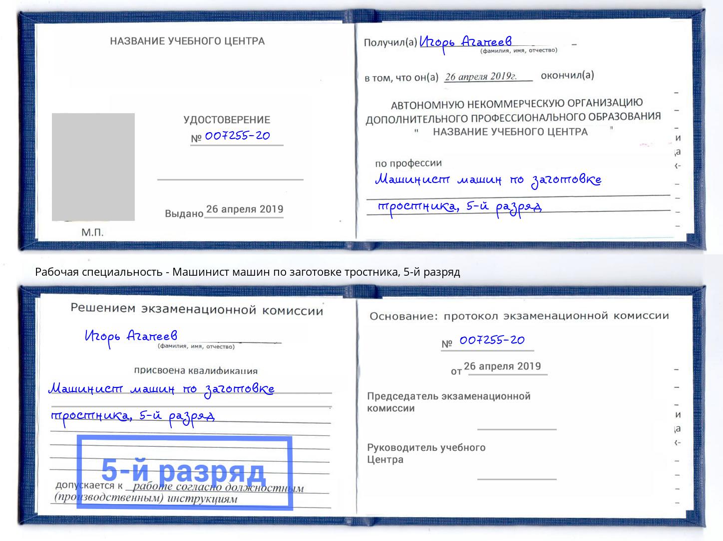 корочка 5-й разряд Машинист машин по заготовке тростника Киселевск