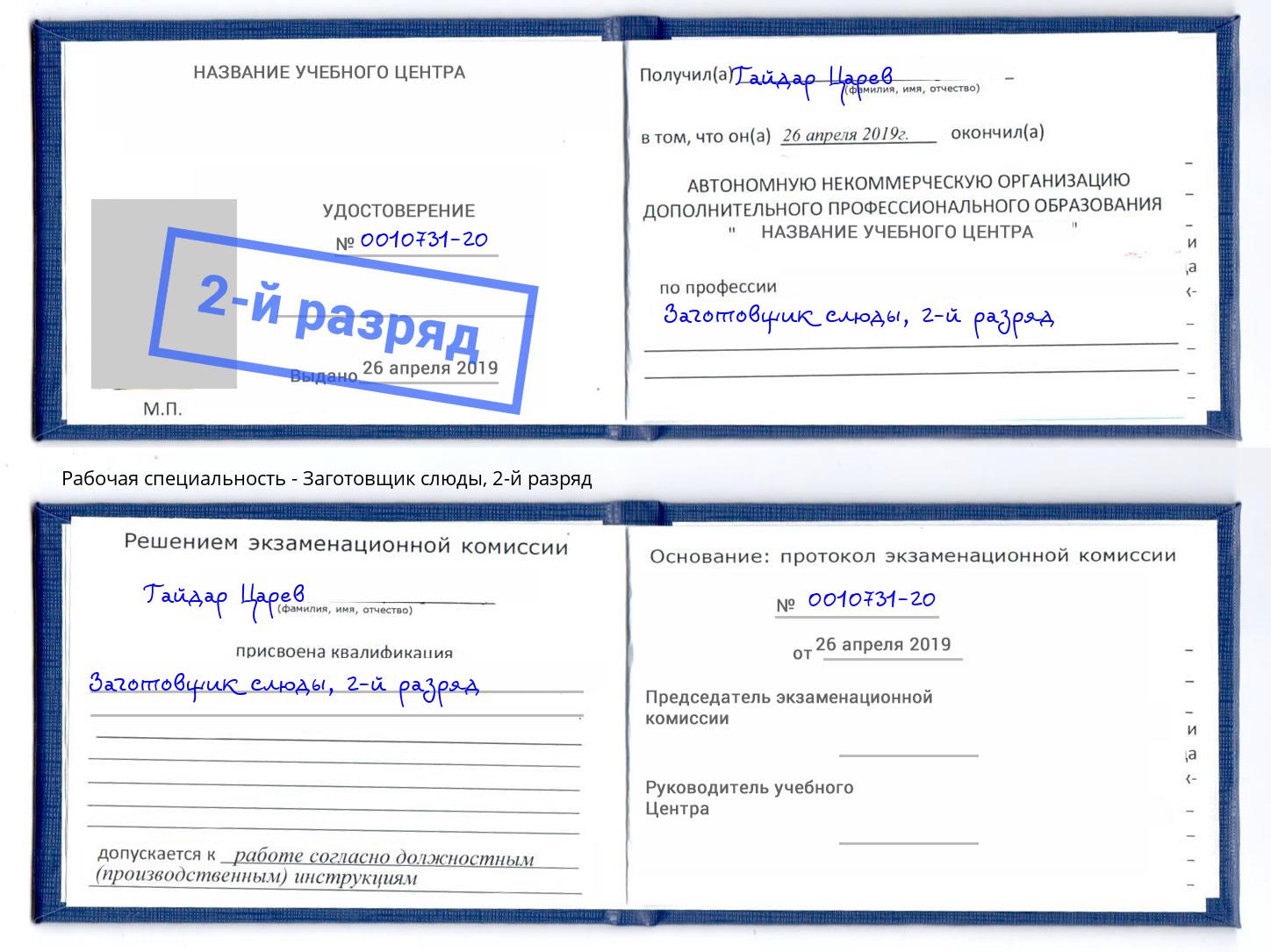 корочка 2-й разряд Заготовщик слюды Киселевск