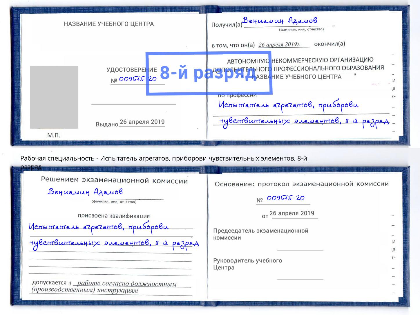 корочка 8-й разряд Испытатель агрегатов, приборови чувствительных элементов Киселевск